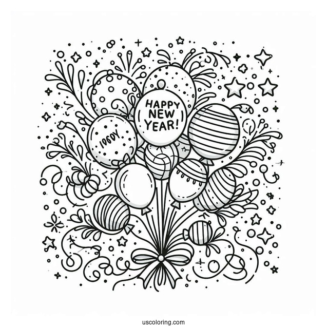 Happy New Year Coloring Page Of Confetti And Balloons