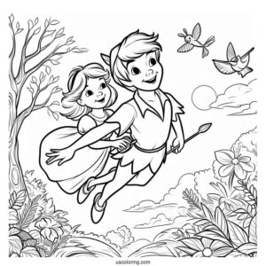 Peter Pan Taking Wendy To Neverland Coloring Sheet