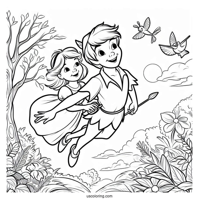 Peter Pan Taking Wendy To Neverland Coloring Sheet