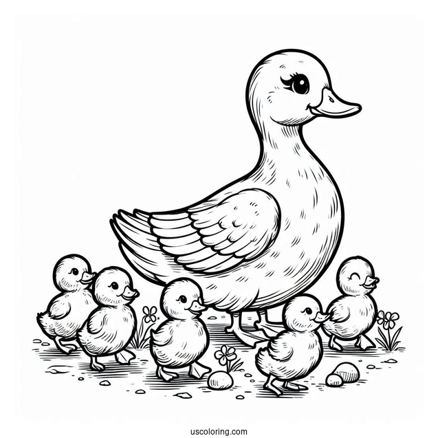 Mother Duck With Flock Of Ducklings
