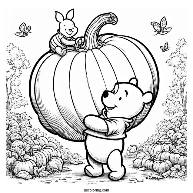 Winnie The Pooh And Piglet Carrying A Giant Pumpkin Coloring Page