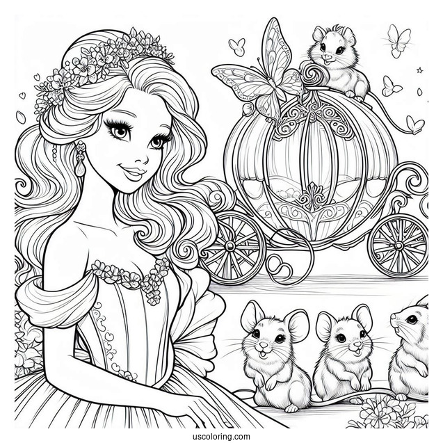 Cinderella With Mice, Fairy And Carriage To Color For Kids