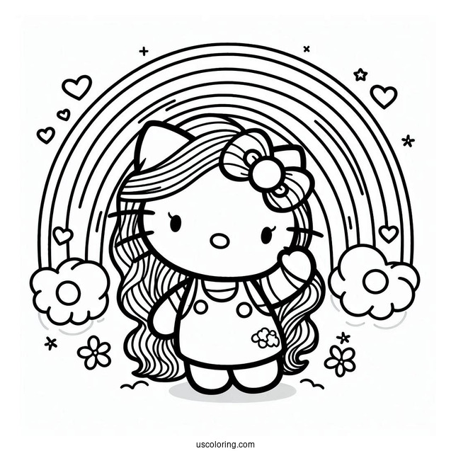 Hello Kitty With A Rainbow Coloring Page Background For Kids