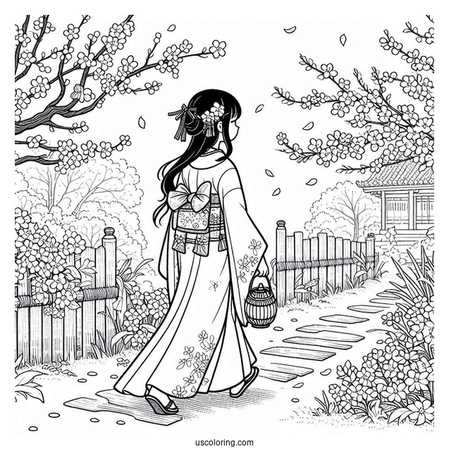 Nezuko Coloring Page Walking In Garden With Cherry Blossoms