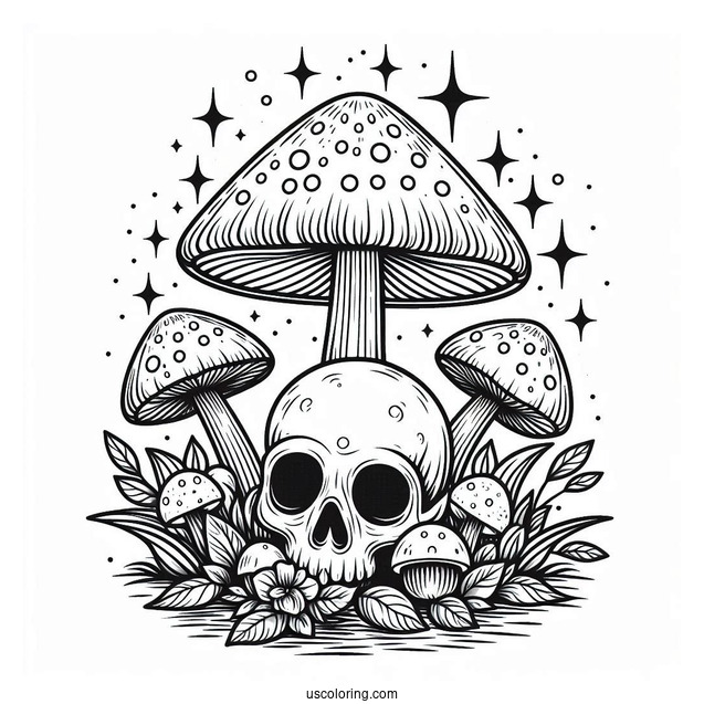 Mushroom Coloring Page Growing Around A Skull