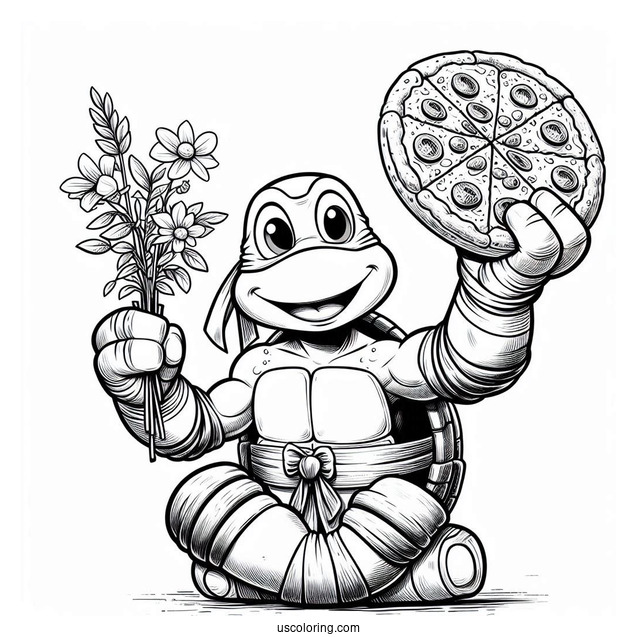 Ninja Turtles Coloring Page Of Young Michelangelo Holding Pizza