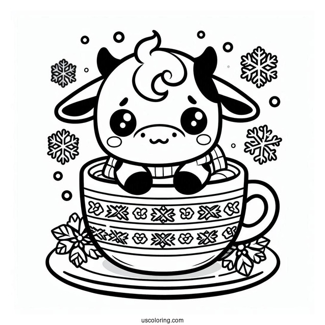 Cute Cow In A Teacup With Snowflake Design