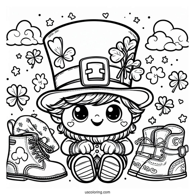 St. Patrick's Day Coloring Page Of Cartoon Leprechaun Hat With Shoes And Gloves For Kids