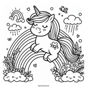 Cute Unicorn Bellow A Rainbow Coloring Page