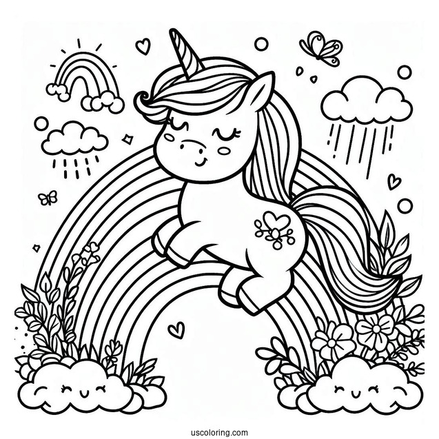Cute Unicorn Bellow A Rainbow Coloring Page