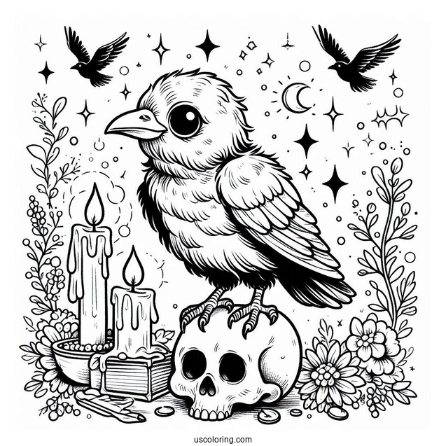 Baby Raven Coloring Page Standing On A Skull With Candles And Magic Spell Book