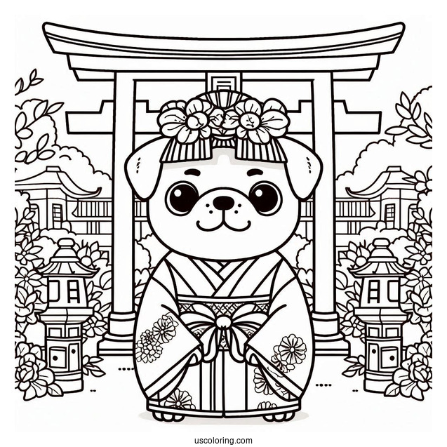 Pug Coloring Page in Kimono at Japanese Torii Gate For Kids
