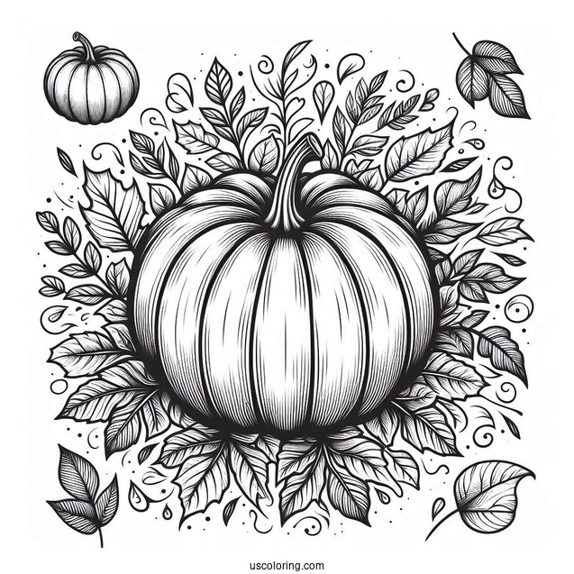 Round Pumpkin Coloring Page Surrounded By Leaves And Vines