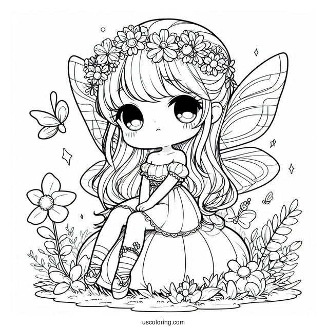Chibi Coloring Page Fairy Sitting on a Flower For Kids