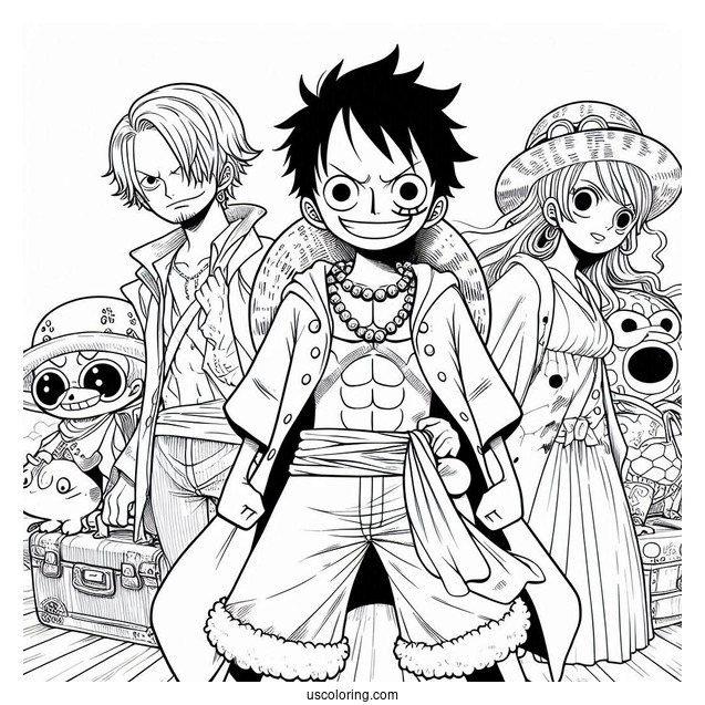 One Piece Coloring Page Of Luffy, Zoro, Sanji, Usopp, And Nami For Kids