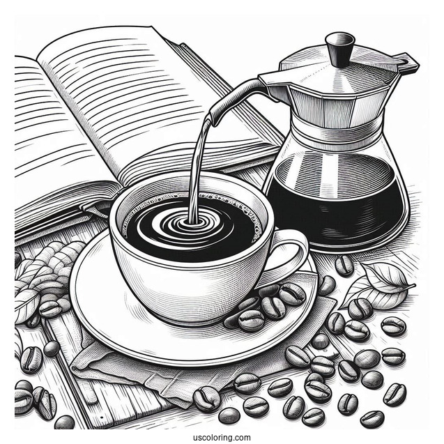 Coffee Coloring Pages Of Freshly Brewed Pour Over Coffee In Front Of Open Book