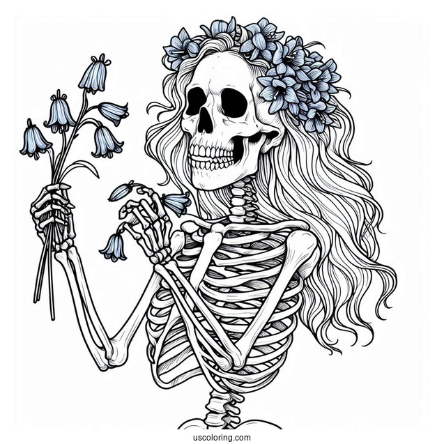 Skeleton Coloring Page Holding Up Bluebells