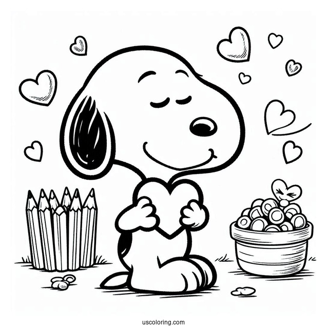 Snoopy Holding a Love Heart To Color