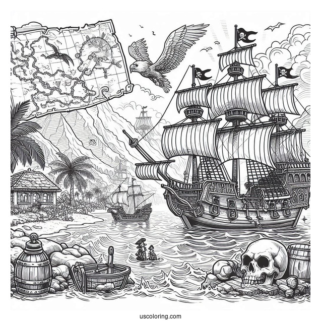 Realistic Pirate Coloring Page Map