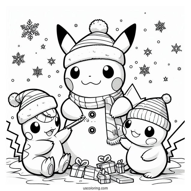 Pokemon Christmas Coloring Page Pikachu, Charmander, And Psyduck Making A Snowman