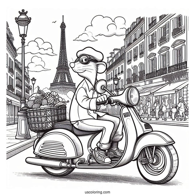 Colette, Alfredo, And Ratatouille Coloring Page Riding A Motorcycle In Paris