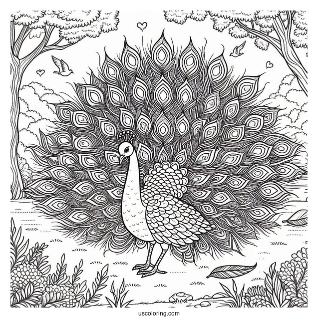 Peacock Coloring Page with Fully Fanned Tail in Forest Clearing For Adults