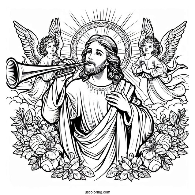 Holy Jesus With Angels Blowing Trumpets On Easter Coloring Page