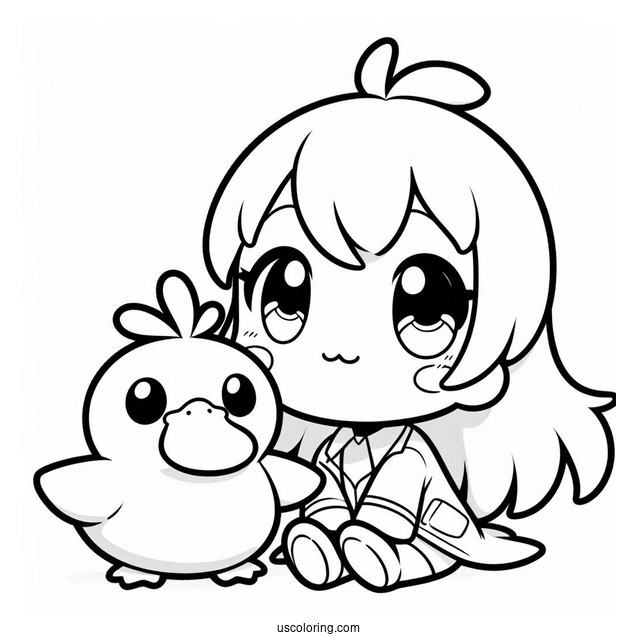 Kawaii Chibi Misty With Psyduck Coloring Page For Preschoolers