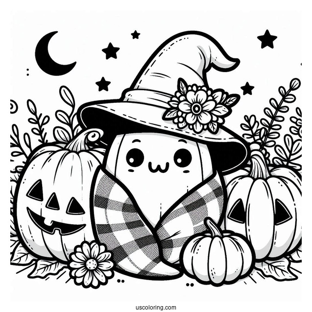 Pumpkin Coloring Page Kawaii Blanket Ghost With Witch Hat, Flowers, And Pumpkin