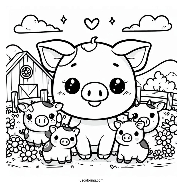 Adorable Kawaii Pig With Cows On a Farm