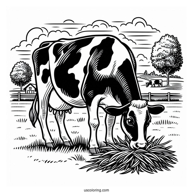 Holstein Cow Eating Grass On Farm Coloring Page