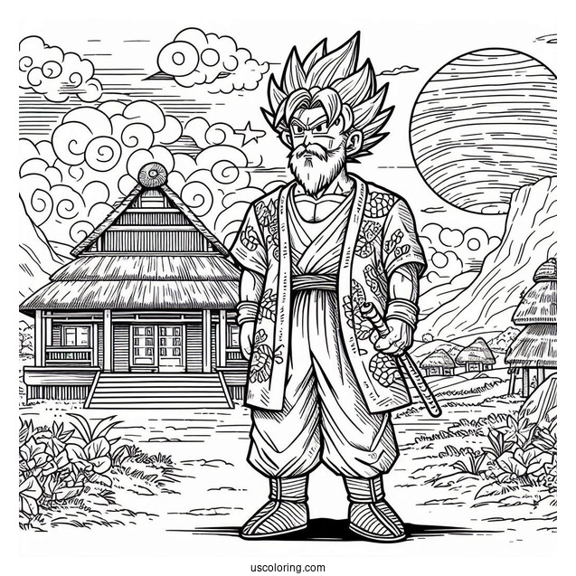 Dragon Ball Z Coloring Page Of Master Roshi in Vacation Shirt at Kame House