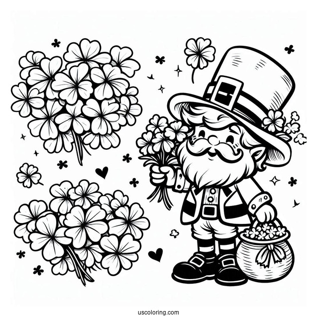 St. Patrick's Day Coloring Page Of Leprechaun Holding Up A Bunch Of Clovers