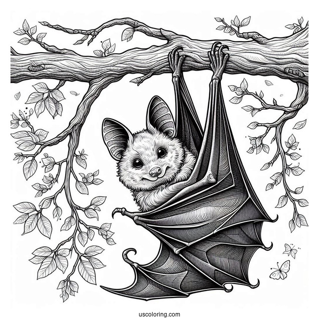 Realistic Bat Coloring Page Perched On Tree