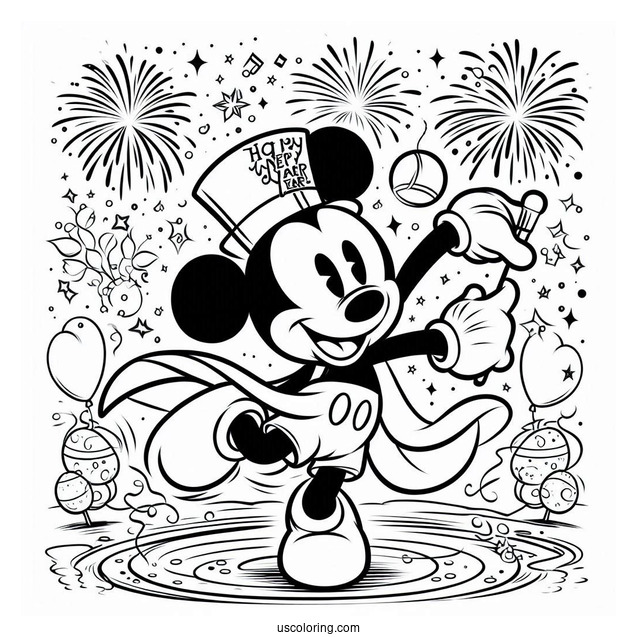 Mickey Mouse Dancing Under Happy New Years Eve Coloring Page For Kids