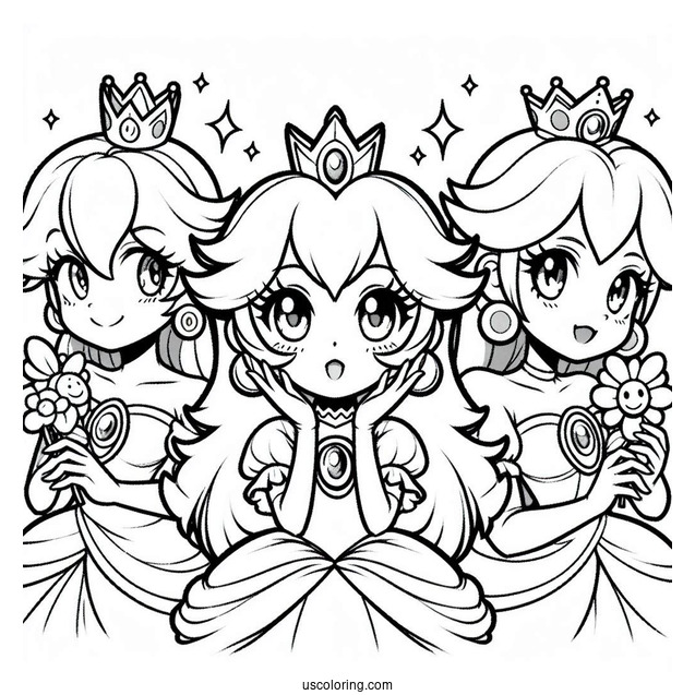Easy Princess Peach, Rosalina, And Princess Daisy Coloring Page For Kids