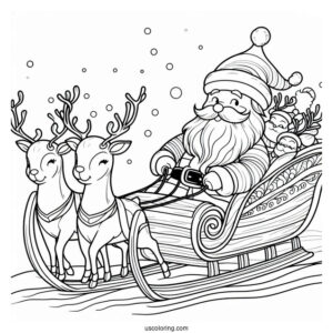 Santa In His Sleigh With Reindeer To Color
