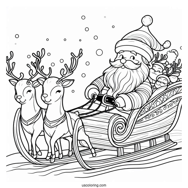 Santa In His Sleigh With Reindeer To Color