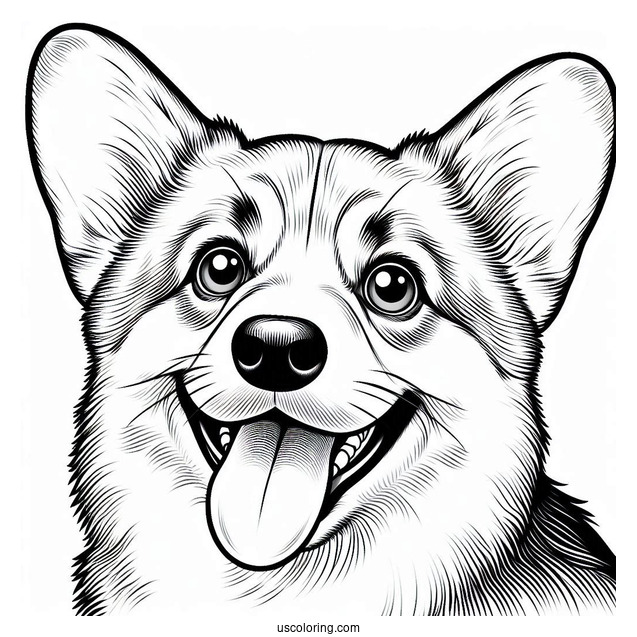 Realistic Corgi Coloring Page Smiling With Tongue Out
