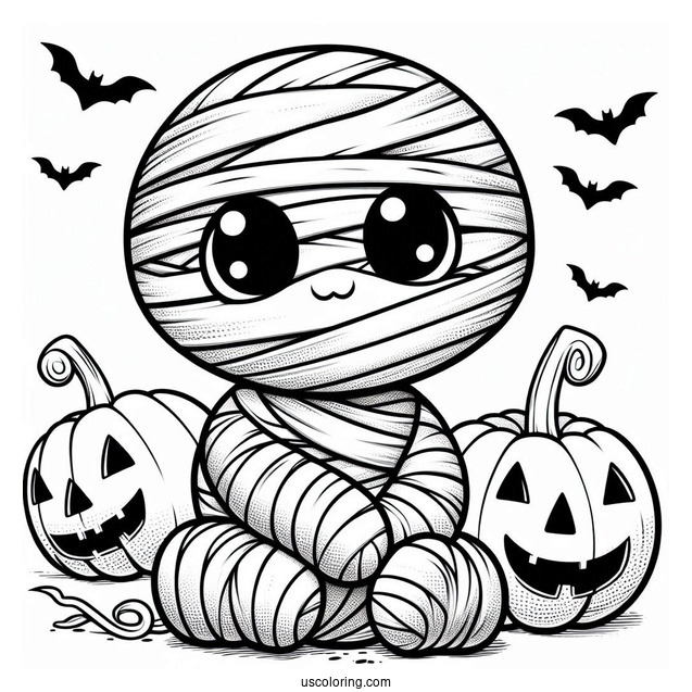 Adorable Egyptian Mummy Coloring Page With Jack O Lanterns