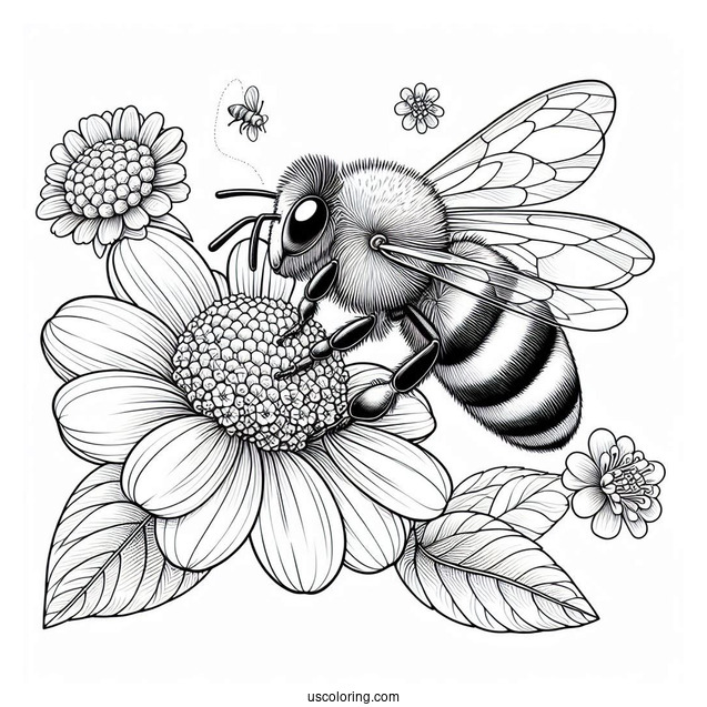 Realistic Bee Coloring Page Sucking Flower Nectar