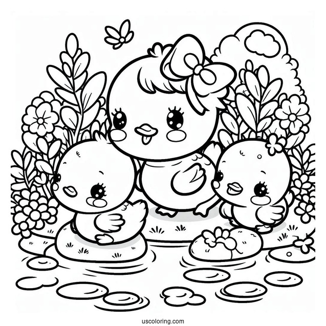 Kawaii Ducklings Playing In A Pond Coloring Page For Preschoolers