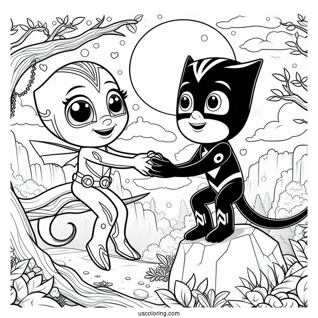 PJ Masks Coloring Page Of Octobella Holding Hands With Gekko On Rock