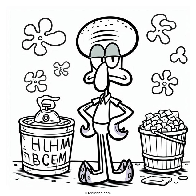 Handsome Squidward Coloring Page Posing In Front Of Chum Bucket