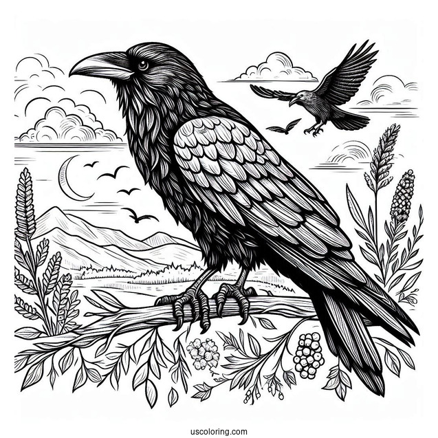 Large Realistic Raven Coloring Page