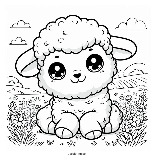 Happy Baby Lamb Sitting In Field Coloring