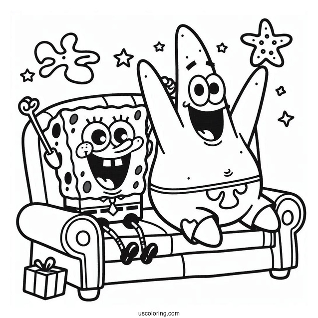 SpongeBob And Patrick Star Coloring Page Cheering On Sofa