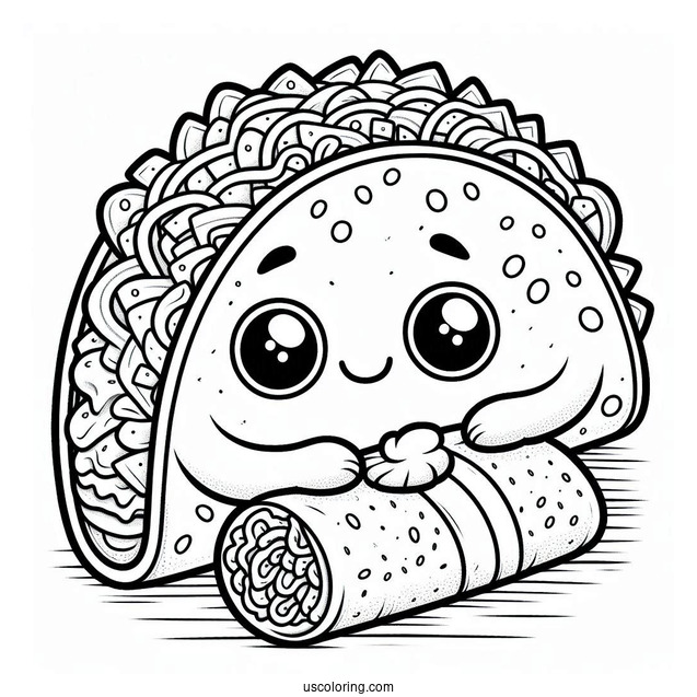 Friendly Taco With A Burrito Wrap Coloring Sheet For Kids