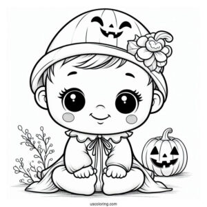 Smiling Baby Coloring Page In a Jack O Lantern Costume