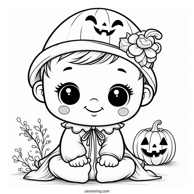 Smiling Baby Coloring Page In a Jack O Lantern Costume